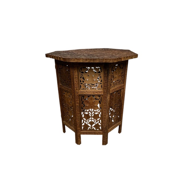 Vintage Anglo Indian Rare Pattern Heavily Carved Teak Octagonal Table For Sale - Image 6 of 8