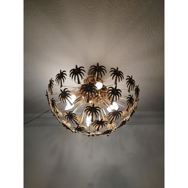 Vintage Solid Brass Palm Leaf Statement Chandelier Flush Mount Lighting Ceiling Light For Sale - Image 10 of 12