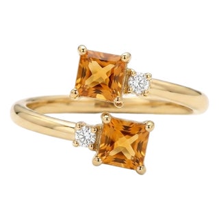Citrine Princess Cut Stackable Ring - Double Stone Bypass Toi Et Moi Ring Us 7 For Sale