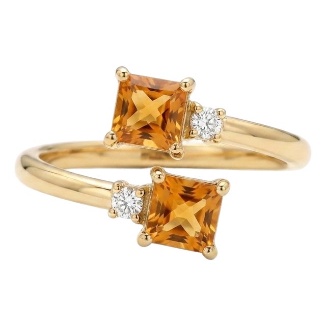 Citrine Princess Cut Stackable Ring - Double Stone Bypass Toi Et Moi Ring Us 7 For Sale