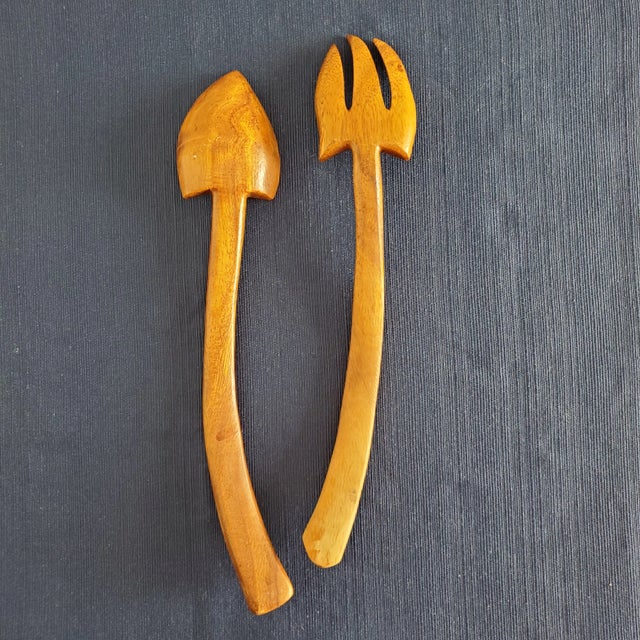 Mid-Century Modern 1960s Vintage Monkey Pod Wood Salad Servers - a Pair For Sale - Image 3 of 9