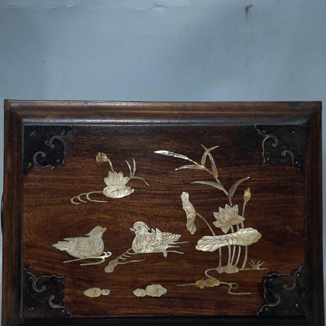 Antique Huanghuali Wood Official's Chest With Mother-of-Pearl Inlay (Phoenix & Floral Motif) For Sale In Los Angeles - Image 6 of 9