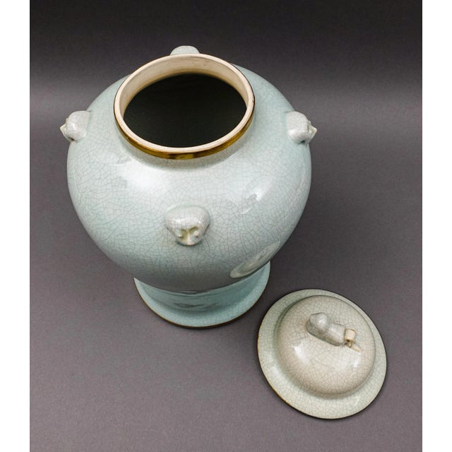 Ceramic Mid 20th Century Maitland Smith Celadon Crackle Glazed Porcelain Foo Dogs Large Lidded Ginger Jar For Sale - Image 7 of 10