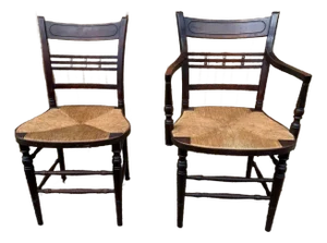 Early 20th Century Antique Federal Sheraton Style Rush Seat Dining Chairs- Set of 2