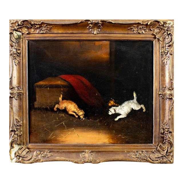 Antique 19th-Century British Oil Painting, “Three Dogs” For Sale
