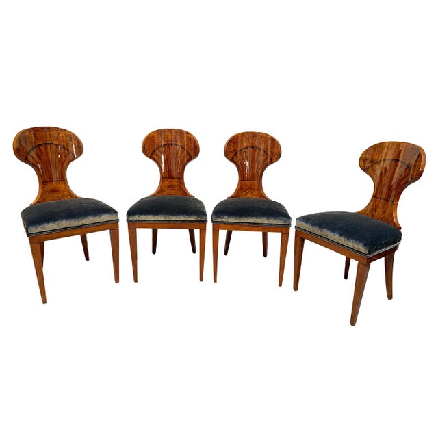 Set of 4 extraordinary biedermeier balloon chairs from austria / vienna, circa 1900. Ash veneered and solid, inlaid with...