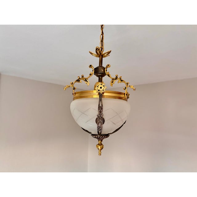Brass 1960s French Brass & Etched Glass Bowl Pendant Light - Restored For Sale - Image 8 of 18