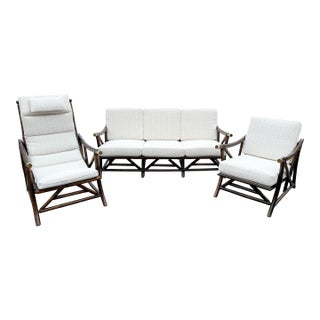 1960’s Boho Chic Coastal Ficks Reed / Far Horizons Style Bamboo Sofa & Lounge Chairs Set, Restored For Sale