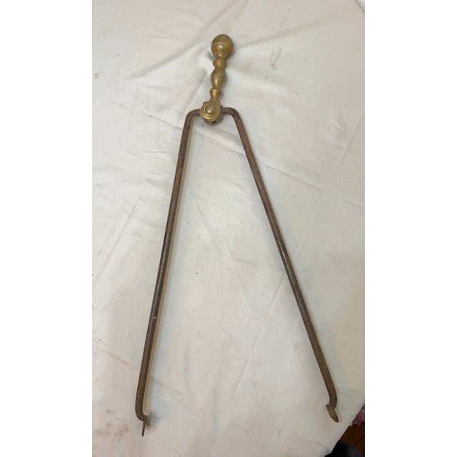 18th Century Antique 18th Century Wrought Iron Turned Brass English Fireplace Tongs Tool 20 For Sale - Image 5 of 9