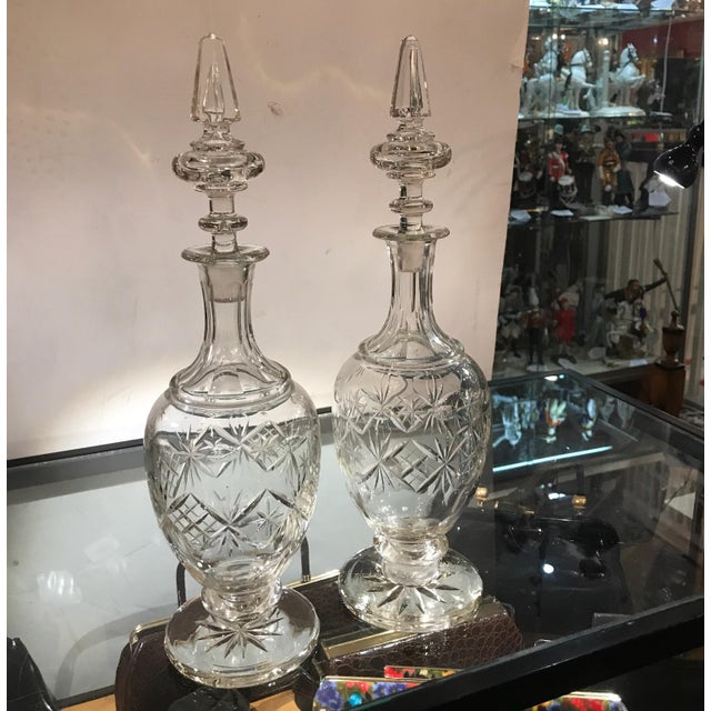 Art Nouveau Elegant Pair of 19th Century European Cut Glass Claret Decanters For Sale - Image 3 of 8