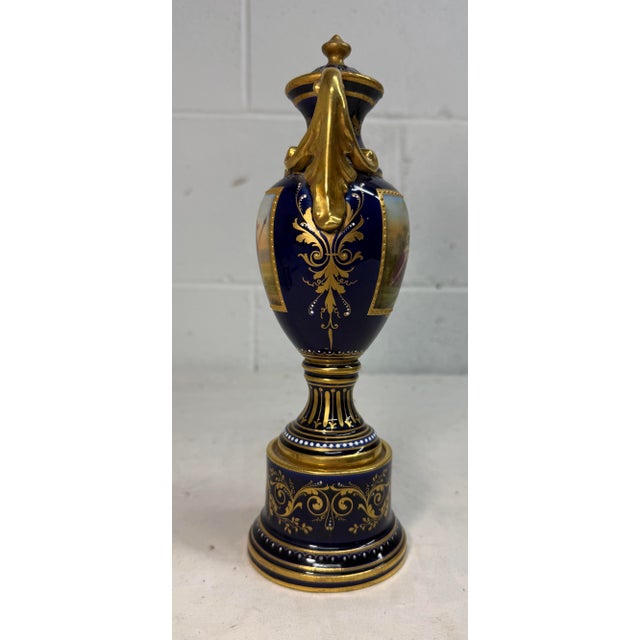 Antique Hand Painted Royal Vienna Porcelain Cobalt Gold Lidded Vase Mini Urn For Sale - Image 12 of 18