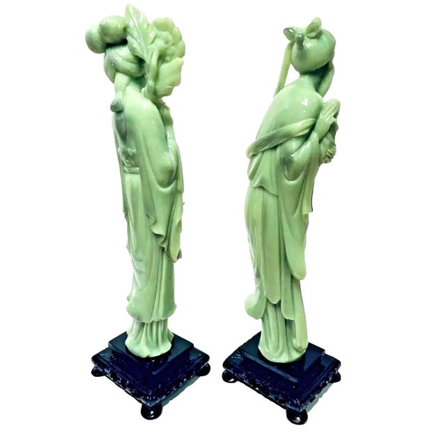 Plastic Vintage 1960s Gino Ruggeri for Wony, Italy Faux Green Jade Japanese Couple Sculpture Figurines - Set of 2 For Sale - Image 7 of 11