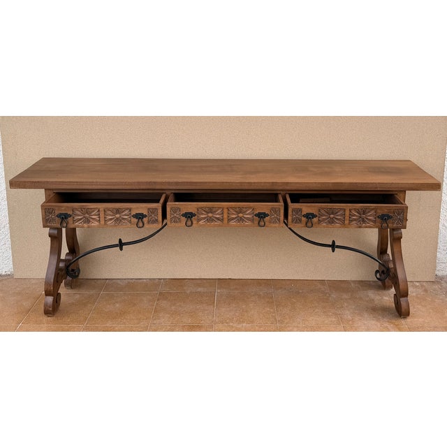 Spanish Rustic Carved Wood Console Table , Mid-20th Century For Sale - Image 4 of 14