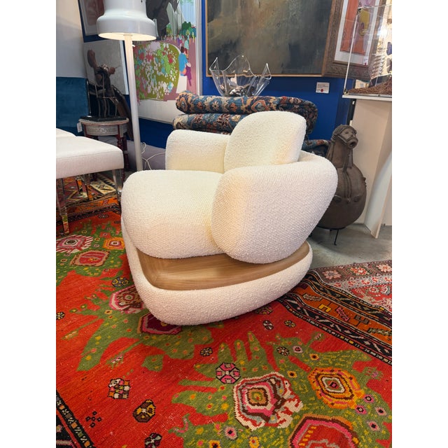 Mid-Century Modern Custom Cream Color Boucle and Wood Lounge Chair For Sale - Image 3 of 11