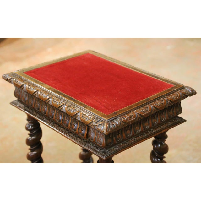 19th Century French Louis XIII Carved Walnut Side Table With Velvet Top For Sale - Image 4 of 15