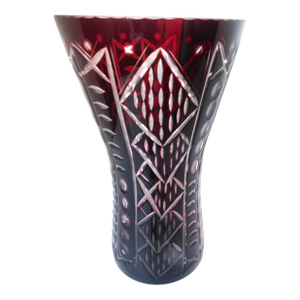 Large Hand Cut Bohemian Crystal Vase Cranberry Overlay Cut to Clear Glass Vase, MCM
