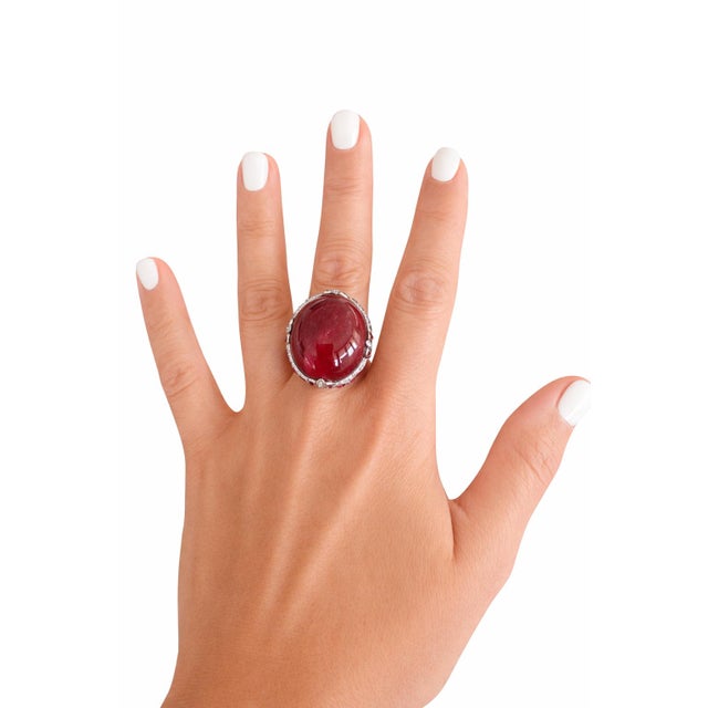 Vintage Platinum Cabochon Ruby, Ruby and Diamond Statement Ring, Size 6.5 For Sale - Image 15 of 15