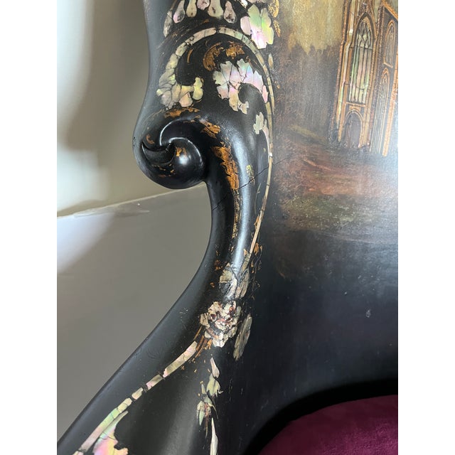 Exceptional 19th Century English Victorian Papier-Mâché Gothic Revival Black Lacquer Arm Chair For Sale - Image 16 of 17