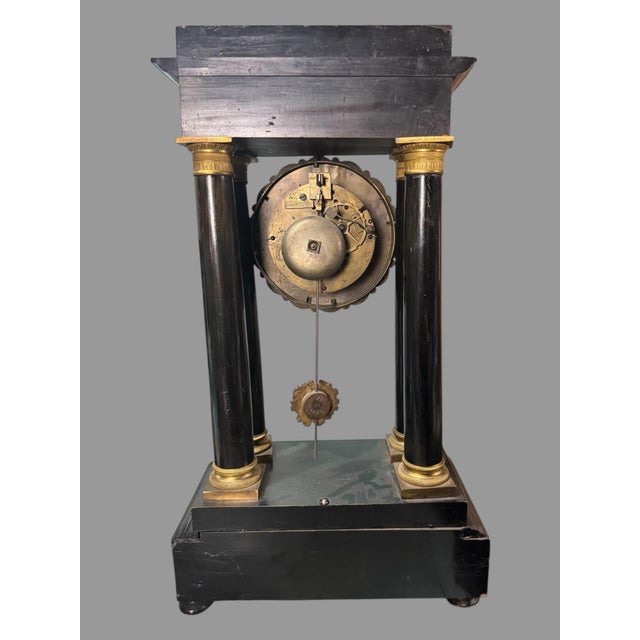 19" Antique French Empire Ebonized & Ormolu Decorated Portico Mantel Clock For Sale - Image 9 of 10