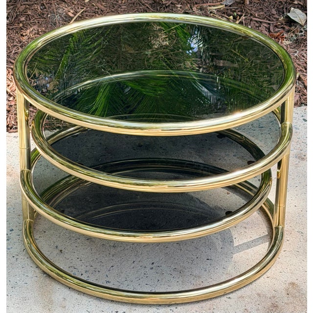 Mid Century Modern Brass and Glass 3 Tier Circular Swiveling Side End Table For Sale In Savannah - Image 6 of 11