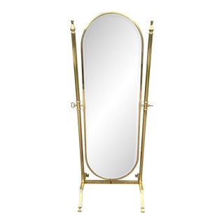 Vintage Brass Cheval Beveled Glass Full Length Standing Floor Mirror For Sale