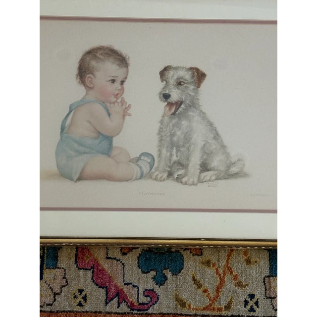 1960s Vintage Framed Charlotte Becker Print “Play Mates” Baby & Wire Fox Terrier For Sale - Image 5 of 9