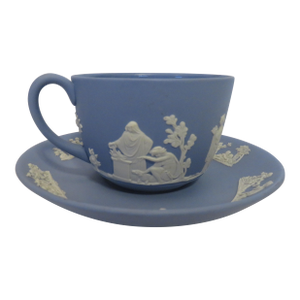 Vintage Wedgwood Blue Jasperware Flat Cup and Saucer Set Blue 1970s