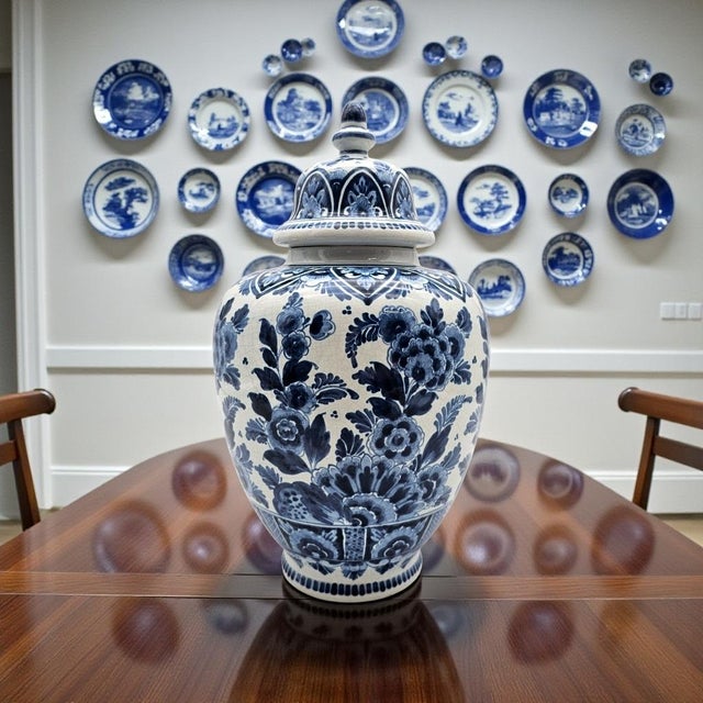 A substantial hand-painted Oud Delft lidded ginger jar rendered in traditional cobalt blue on white tin-glazed...