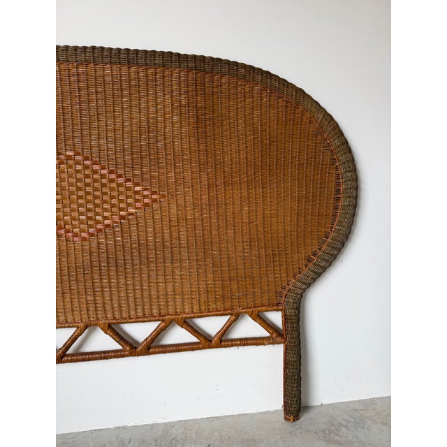 Vintage Coastal Boho-Chic Arched Rattan & Wicker Queen Size Headboard With Woven Diamond Accent For Sale - Image 11 of 13
