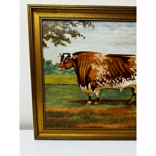 Victorian British Shorthorn Bull Pastoral Oil Painting in Gilt Frame c.1890 An expressive late-Victorian British livestock...