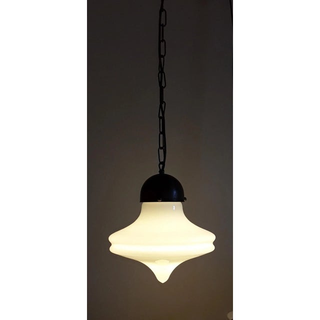 Vintage Pendant Lamp with Brass Assembly & Opaque White Glass Screen, 1970s For Sale - Image 6 of 7