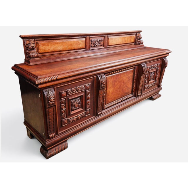 Mid 20th Century Monumental Carved Baroque Style Credenza With Figured Wood Panels — 102″ Wide For Sale - Image 4 of 12
