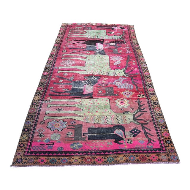 Antique Early 1900s Karabagh Rug, Handwoven Caucasian Wool Rug With Vibrant Deer & Floral Motifs, 4x9 Vintage Runner For Sale