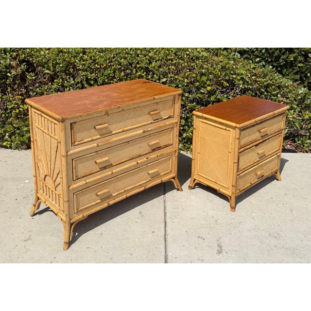 Rare vintage set! Featuring hardwood frames covered in grasscloth with bamboo trim/legs and glowing honey colored wood...