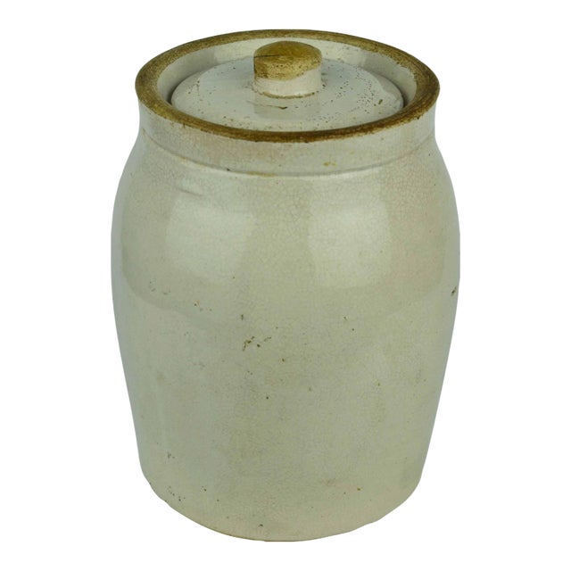 Antique Early 20th Century American Stoneware Pickle Crock With Lid For Sale