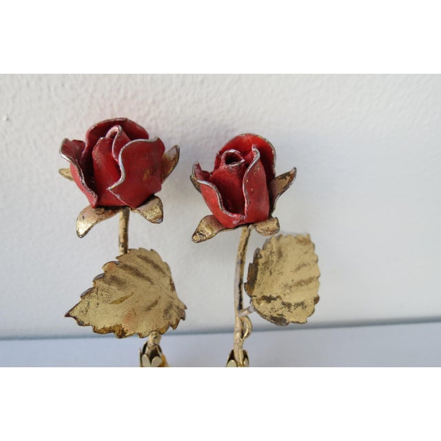 Pair of Vintage Italian Tole Rose and Leaf Finials in Bright Rose/Red With Patina Gold Gold by C. Damien Fox For Sale In Houston - Image 6 of 6