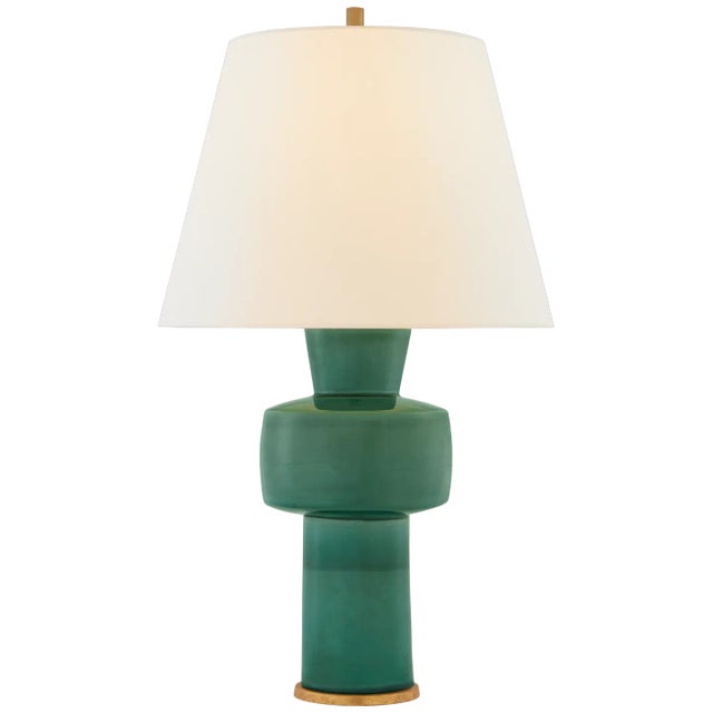 Christopher Spitzmiller for Visual Comfort Signature Eerdmans Medium Table Lamp in Celtic Green Crackle with Linen Shade For Sale