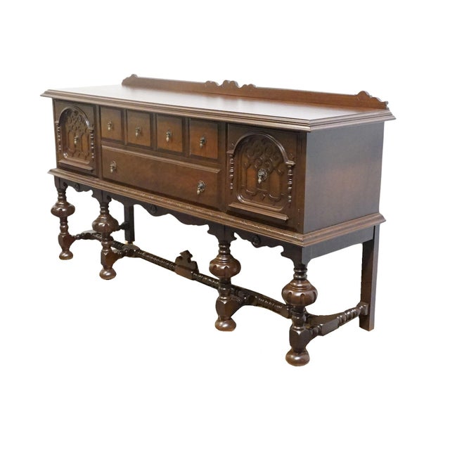 ABERNATHY FURNITURE Solid Walnut Gothic Jacobean / English Tudor 71" Sideboard Buffet 40" High 71.5" Wide 20.75" Deep We...