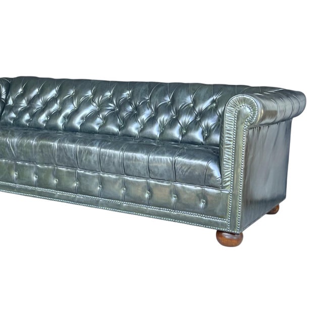 1960s Distressed Olive Green Chesterfield Leather Sofa With Tufted Back & Bun Feet For Sale - Image 4 of 11