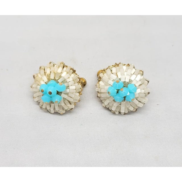 Metal Vintage 1960s Signed Vendome White & Turquoise Beaded Clip Earrings - 2 Pieces For Sale - Image 7 of 9