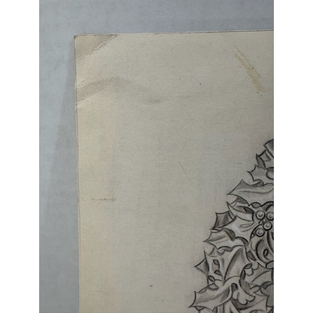 1940s Original Signed Graphite Illustration of Boy With Dog and Christmas Wreath, 12 × 9.5 In. For Sale - Image 4 of 6