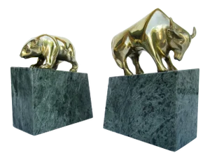 Vintage C1970's-80's Classic Bull & Bear Market Brass & Verdigris Marble Bookends -A Pair