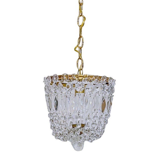 Vintage Hollywood Regency Crystal Basket Chandelier For Sale