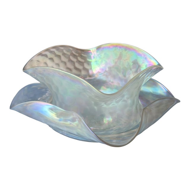 Carder Steuben Verre De Soi Iridescent Art Glass Finger Bowl & Underplate For Sale