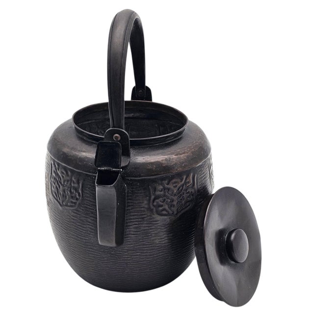 Gray Vintage Japanese-Style Cast Metal Teapot With Hammered Texture and Crest Cartouches For Sale - Image 8 of 16