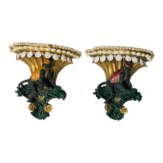 1960s Whimsical Pair of Monkey Servants Wall Brackets Cornell’s With Sea Shells For Sale