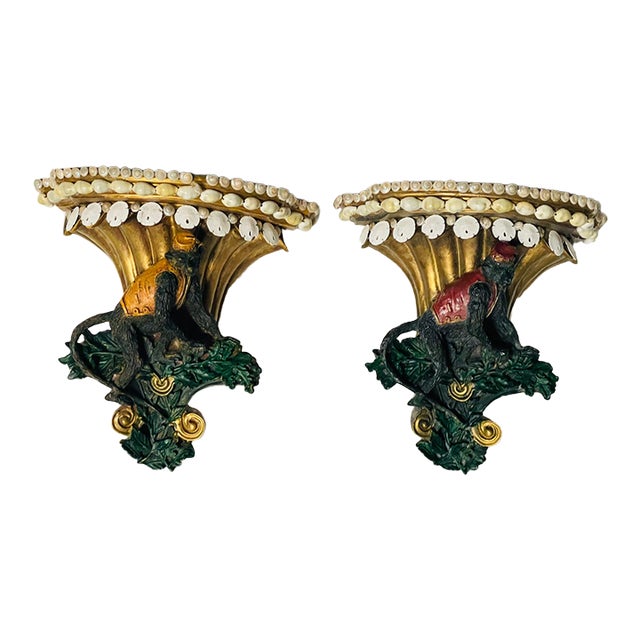 1960s Whimsical Pair of Monkey Servants Wall Brackets Cornell’s With Sea Shells For Sale
