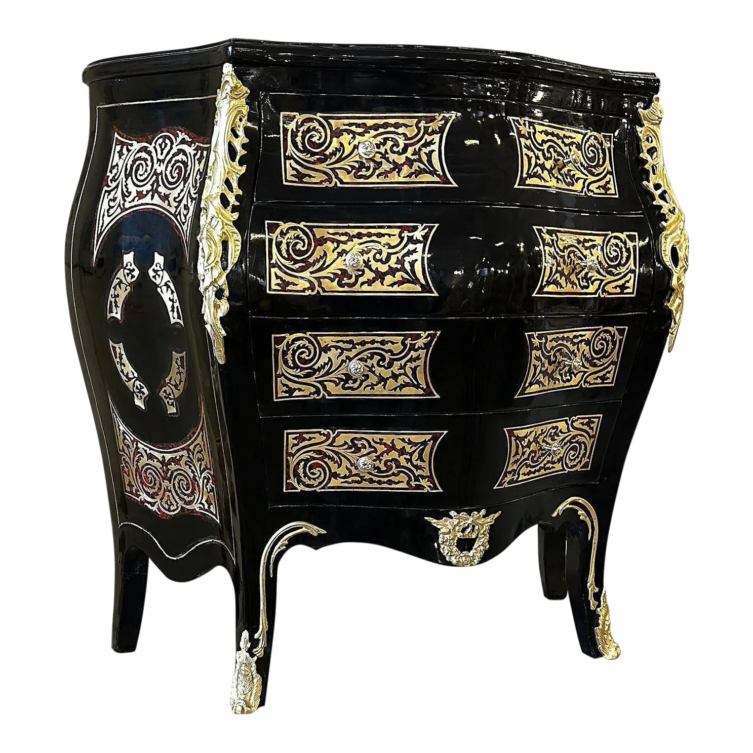 French Louis XVI Style Black and Gold Commode With 4 Drawers | Chairish