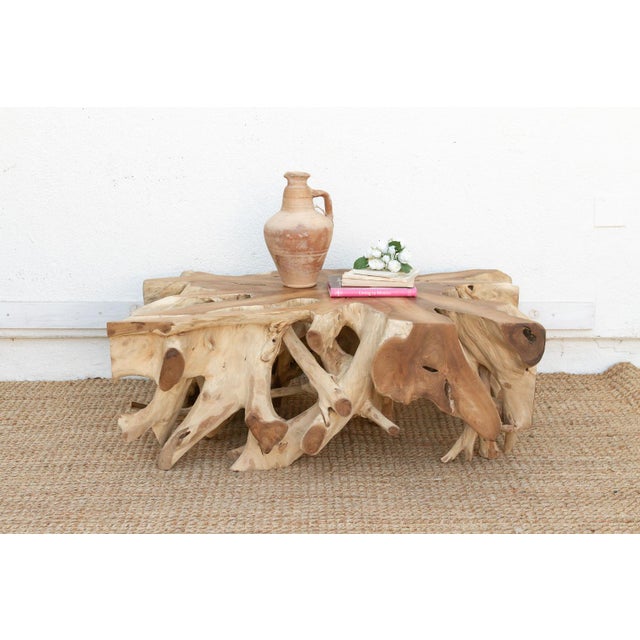 This 48-inch coffee table is a profound exploration of Organic Modernism, transforming a single, massive teak root system...