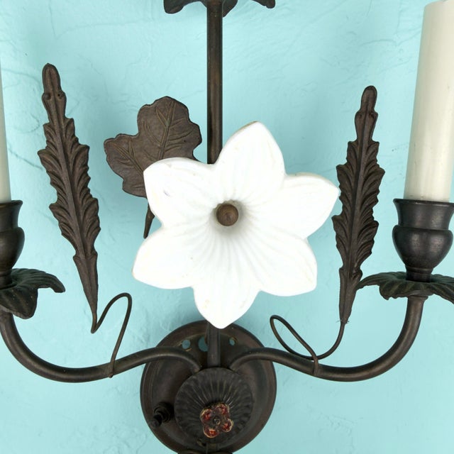 Metal Vintage 7 Light Wrought Iron Wall Sconce With Milk Glass Flowers & Cherub Motif Matching Sconce Available Separately For Sale - Image 7 of 12